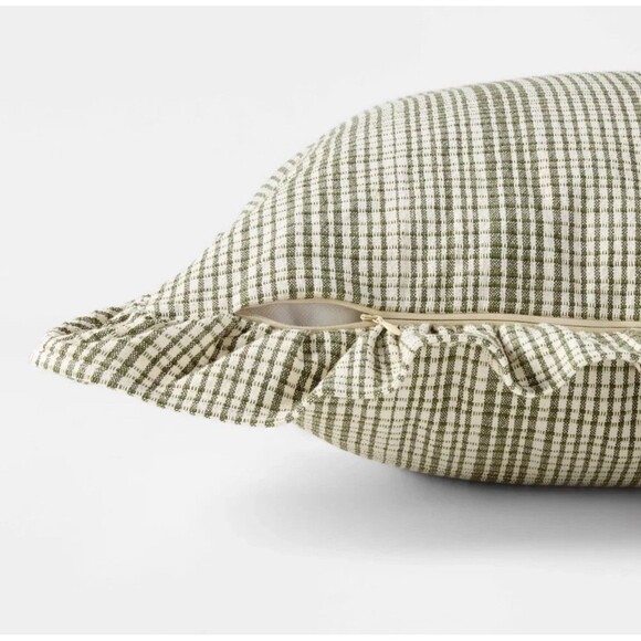 Threshold Studio McGee 24x24 Uneven Plaid Ruffle Pillow Green Tan NEW - Picture 4 of 5